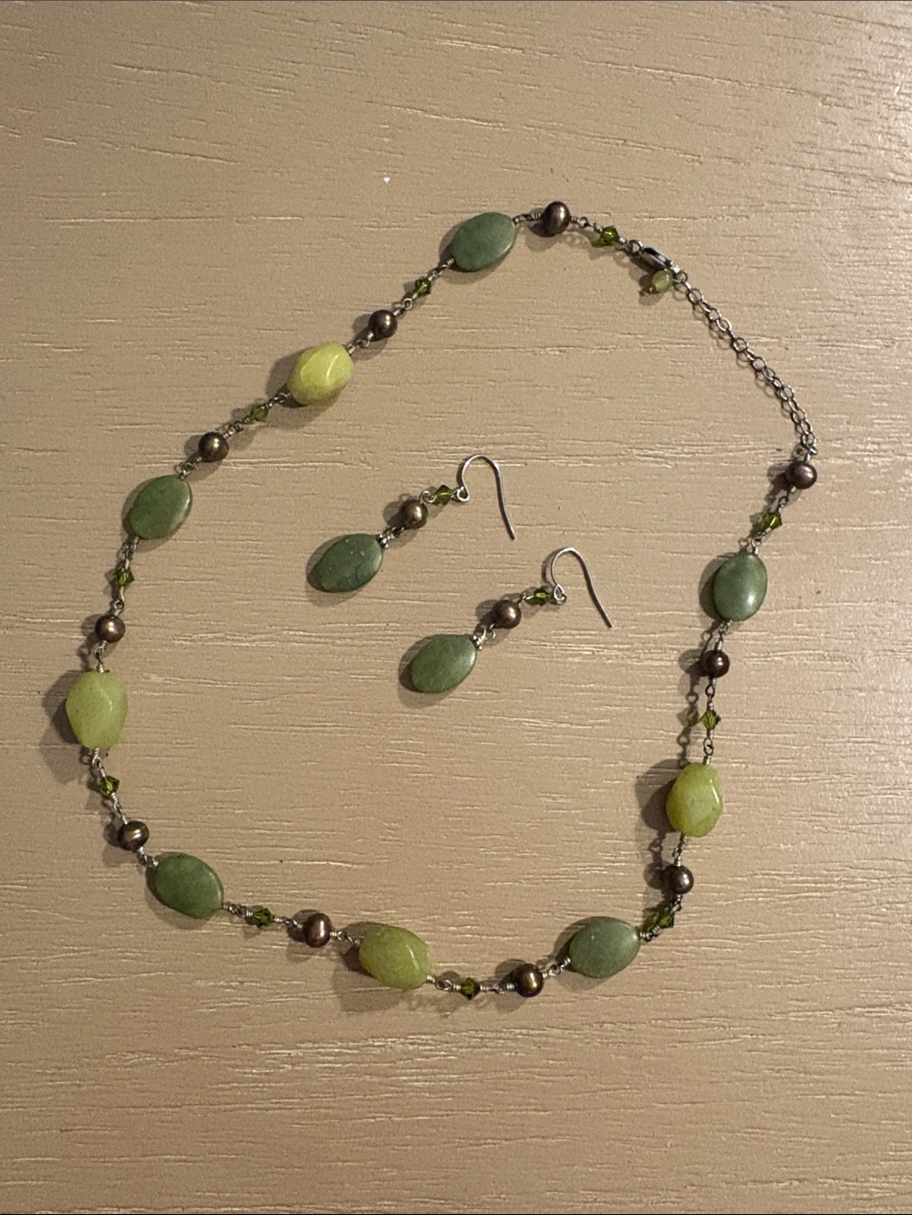 Green Beaded Necklace and Earring Set with Silver Accents